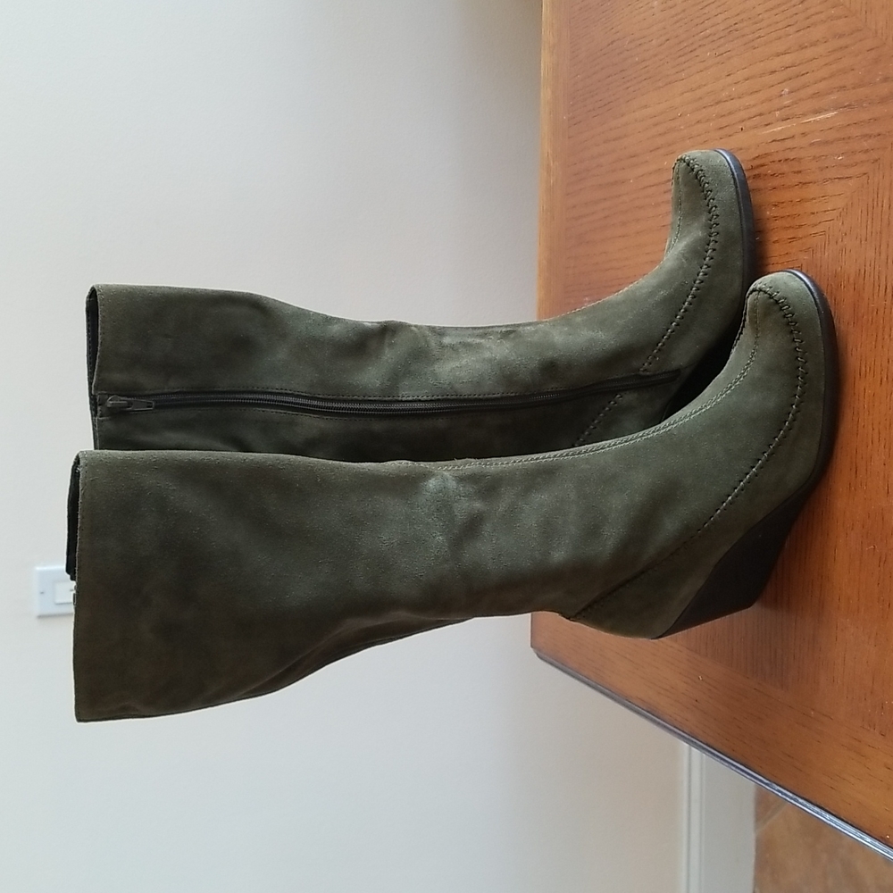 Aerosoles Ladies Leather Suede Wedge Heel Boots ~ Olive Green